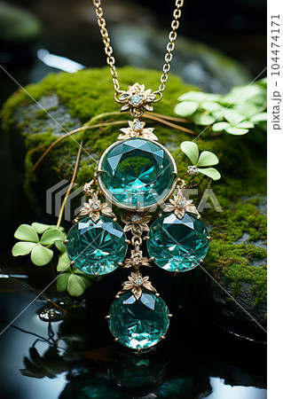 A necklace with aquamarine and diamonds, set amidst vibrant nature on a wet black rock 104474171