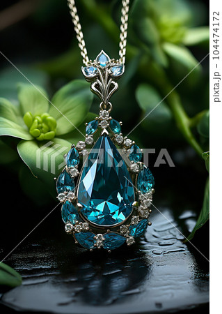 A necklace with aquamarine and diamonds, set amidst vibrant nature on a wet black rock 104474172