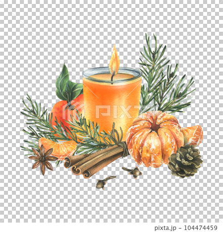 Christmas candle orange with tangerines, pine branch and cone, cinnamon spices, anise star and cloves. Watercolor illustration, hand drawn. Isolated composition on a white background. 104474459