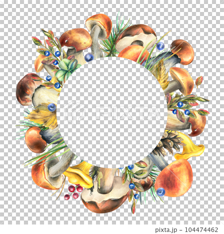 Forest edible mushrooms boletus and chanterelles with blueberries and lingonberries, branches and cones, leaves and grass. Watercolor illustration, hand drawn. Round frame on a white background. Forest edible mushrooms boletus and chanterelles with blueberries and lingonberries, branches and cones, leaves and grass. Watercolor illustration, hand drawn. Round frame on a white background. 104474462