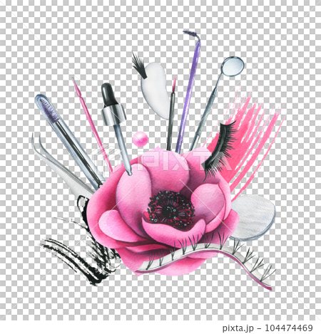 Pink cosmetic bag with beauty tools for eyelash extensions, with brushes, eyelash bundles, tweezers, patches. Watercolor illustration, hand drawn. Isolated composition on a white background. Pink cosmetic bag with beauty tools for eyelash extensions, with brushes, eyelash bundles, tweezers, patches. Watercolor illustration, hand drawn. Isolated composition on a white background. 104474469