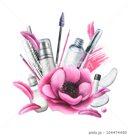 Pink cosmetic bag with beauty master's tools for laminating eyelashes, with brushes, silicone rollers, patches. Watercolor illustration, hand drawn. Isolated composition on a white background. 104474480