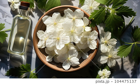Aromatherapy concept, Top view of glass bottles of geranium essential oil with fresh white flowers. 104475137
