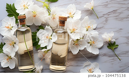 Aromatherapy concept, Top view of glass bottles of geranium essential oil with fresh white flowers. Aromatherapy concept, Top view of glass bottles of geranium essential oil with fresh white flowers. 104475138