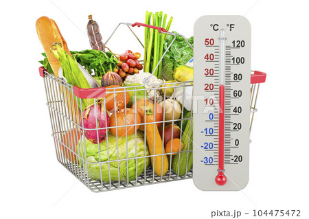 Shopping basket full of food with thermometer, 3D rendering Shopping basket full of food with thermometer, 3D rendering 104475472