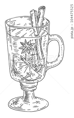 Mulled wine glass with ingredients. Vintage vector hatching black illustration 104475525