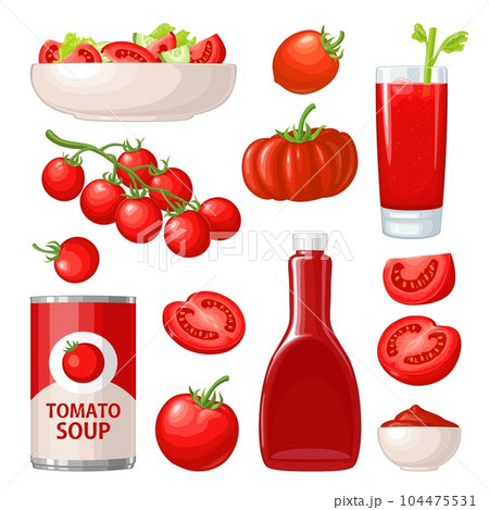 Set with tomatoes. Branch, whole and slice. Vector color icon. 104475531