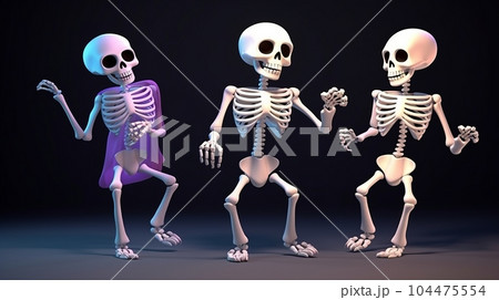 Three happy dancing white skeletons on a black background.Ai generative 104475554