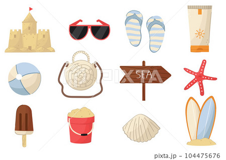 Cartoon style set of cute summer elements. Cartoon style set of cute summer elements. 104475676