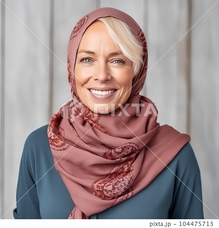 Portrait of a smiling muslim woman wearing hijab over grey background. Closeup portrait of a happy Muslim woman with a headscarf on a grey background. 104475713