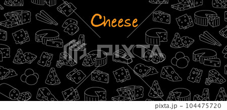 Cheese shop horizontal banner. Cheese menu design. Cheddar, camembert, brick, mozzarella, maasdam, brie, roquefort, gouda, feta and parmesan. 104475720