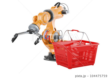 Shopping basket with mechanical robot arm. 3D rendering Shopping basket with mechanical robot arm. 3D rendering 104475759