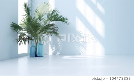 Light blue wall with shade and plant on the floor in a vase Light blue wall with shade and plant on the floor in a vase 104475852