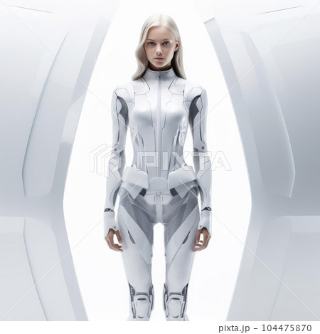Woman in clothes of the future on a white background Woman in clothes of the future on a white background 104475870