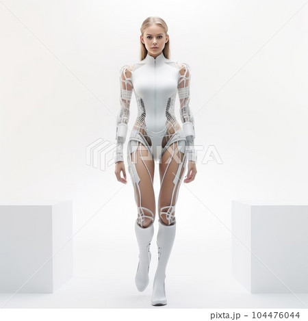 Woman in clothes of the future on a white background 104476044