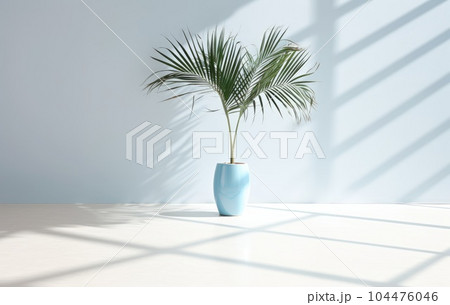 Light blue wall with shade and plant on the floor in a vase 104476046