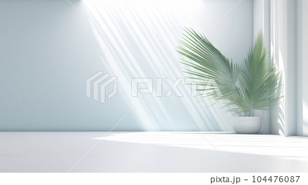 Light blue wall with shade and plant on the floor in a vase 104476087