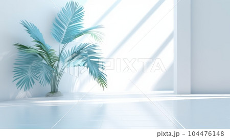 Light blue wall with shade and plant on the floor in a vase 104476148