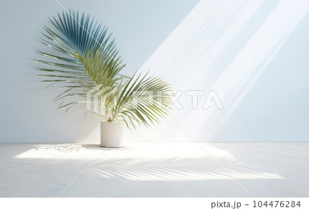 Light blue wall with shade and plant on the floor in a vase Light blue wall with shade and plant on the floor in a vase 104476284