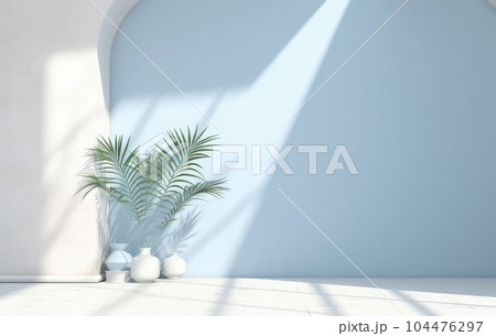 Light blue wall with shade and plant on the floor in a vase Light blue wall with shade and plant on the floor in a vase 104476297