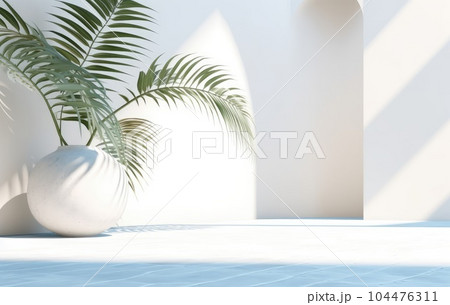 Light blue wall with shade and plant on the floor in a vase 104476311