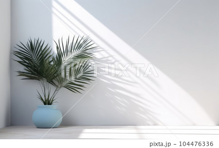 Light blue wall with shade and plant on the floor in a vase Light blue wall with shade and plant on the floor in a vase 104476336