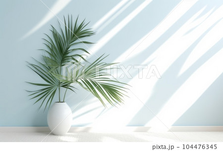 Light blue wall with shade and plant on the floor in a vase Light blue wall with shade and plant on the floor in a vase 104476345