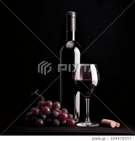 A bottle of red wine with a glass and a bunch of grapes A bottle of red wine with a glass and a bunch of grapes 104476357