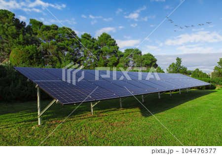 Solar panels against the background of greenery, nature. Clean energy concept. 104476377