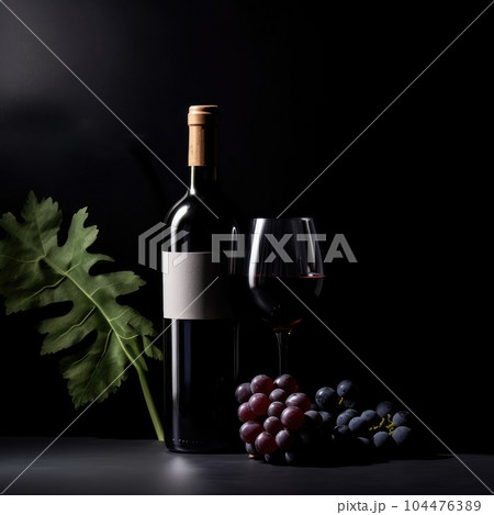 A bottle of red wine with a glass and a bunch of grapes A bottle of red wine with a glass and a bunch of grapes 104476389