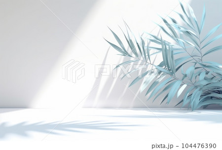Light blue wall with shade and plant on the floor in a vase 104476390