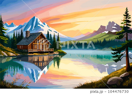 landscape of mountain lake cabin amidst lush forest and majestic peaks. Nature scene 104476730