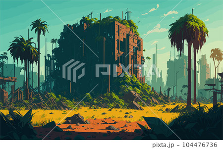 complex vector-style background image depicting a post-apocalyptic wasteland, with crumbling buildings, overgrown vegetation, and hints of a once thriving civilization. 104476736
