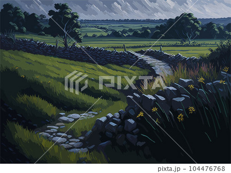 oil paint style vector art of vintage house in forest with road. nature landscape 104476768