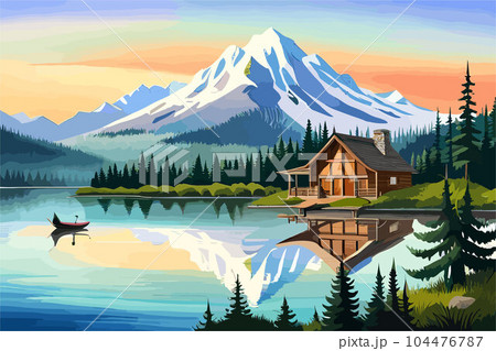 landscape of mountain lake cabin amidst lush forest and majestic peaks. Nature scene landscape of mountain lake cabin amidst lush forest and majestic peaks. Nature scene 104476787