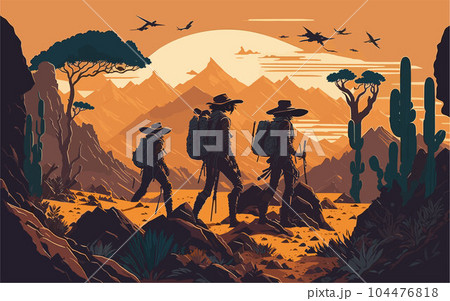 illustration that represents the concept of exploration and adventure, featuring a group of explorers venturing into a mysterious and uncharted landscape. adventure-themed publications, outdoor 104476818