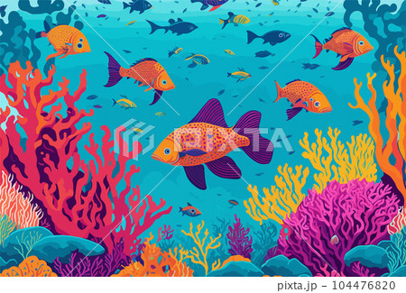 A breathtaking view of a coral reef teeming with vibrant marine life, from colorful fish and delicate seahorses to majestic sea turtles and shimmering coral formation 104476820