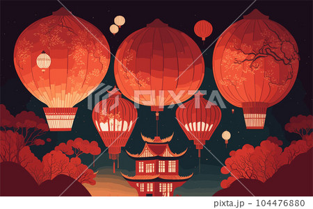 illustration that celebrates the enchanting tradition of the Chinese Lantern Festival. Depict a serene night scene with glowing lanterns floating in the air, traditional Chinese elements like red illustration that celebrates the enchanting tradition of the Chinese Lantern Festival. Depict a serene night scene with glowing lanterns floating in the air, traditional Chinese elements like red 104476880