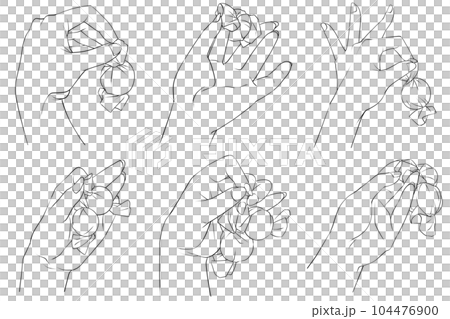 A hand that picks up candy or chocolate, a hand that grabs sweets (set of 6 line drawings) A hand that picks up candy or chocolate, a hand that grabs sweets (set of 6 line drawings) 104476900