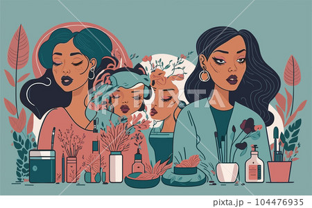 vector illustration featuring a group of confident and empowered girls engaging in beauty rituals and self-expression. applying makeup, styling their hair, or experimenting with different fashion vector illustration featuring a group of confident and empowered girls engaging in beauty rituals and self-expression. applying makeup, styling their hair, or experimenting with different fashion 104476935