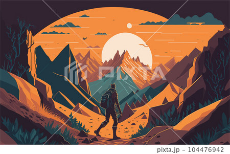 illustration that represents the concept of exploration and adventure, a mysterious and uncharted landscape. adventure-themed publications, outdoor apparel brands, or travel websites. 104476942