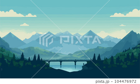 landscape with mountain bridge lake tree sunset  104476972