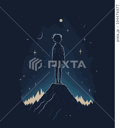 minimalistic vector design of a boy looking at night sky minimalistic vector design of a boy looking at night sky 104476977