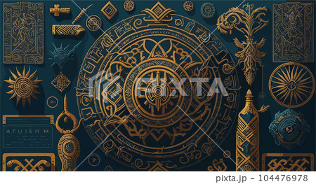 complex vector background image with a fusion of cultural symbols from around the world, incorporating elements like ancient hieroglyphics, Celtic knots, and Native American totems. 104476978