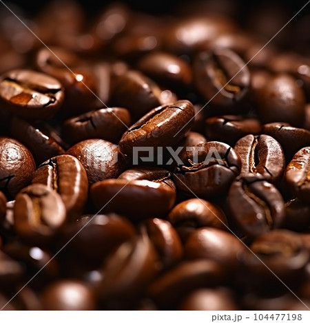 Roasted coffee beans macro shot, Closeup picture of perfect dark coffee beans texture. Coffee seeds close-up shot. Dry beans spread out. 104477198