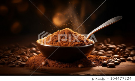 Metalic container with spoon overfilled with coffee powder and beans. Picture of a glass coffee bowl with powder in a dark coffee shop. Powder dropped and spread on a wooden table. Caffeine concept. 104477224