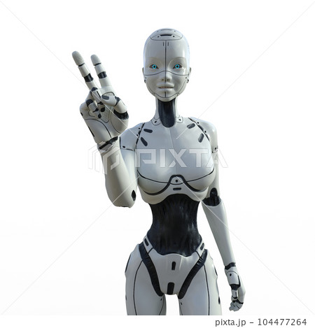 VサインするAIロボット　女性型アンドロイド　perming3DCG イラスト素材 104477264