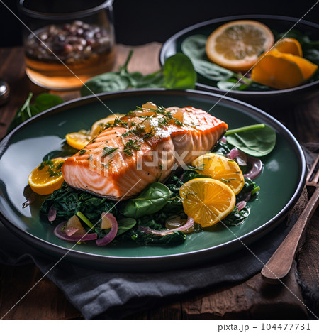 Grilled salmon with spinach and lemon. Paleo, keto, food map, dash diet. Healthy concept 104477731