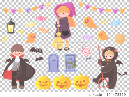 仮装をする子供たちとハロウィン素材セット 仮装をする子供たちとハロウィン素材セット 104478320