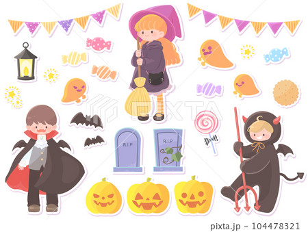 仮装をする子供たちとハロウィン素材セット フチあり 仮装をする子供たちとハロウィン素材セット フチあり 104478321